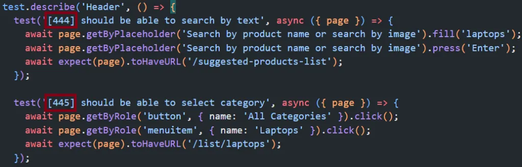 Annotation test ID showing Playwright tests with Azure Test Plan IDs in brackets